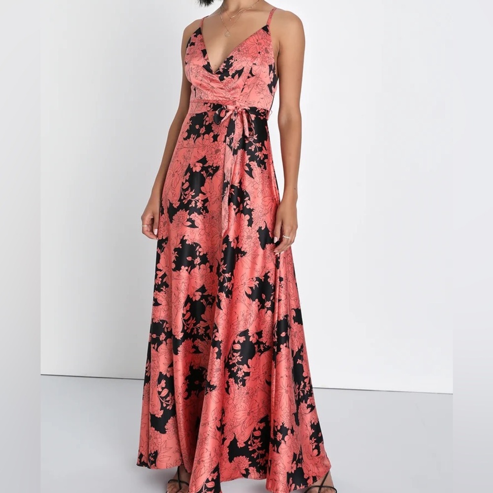Tea Gardens Rusty Rose Floral Print Satin Maxi Dress